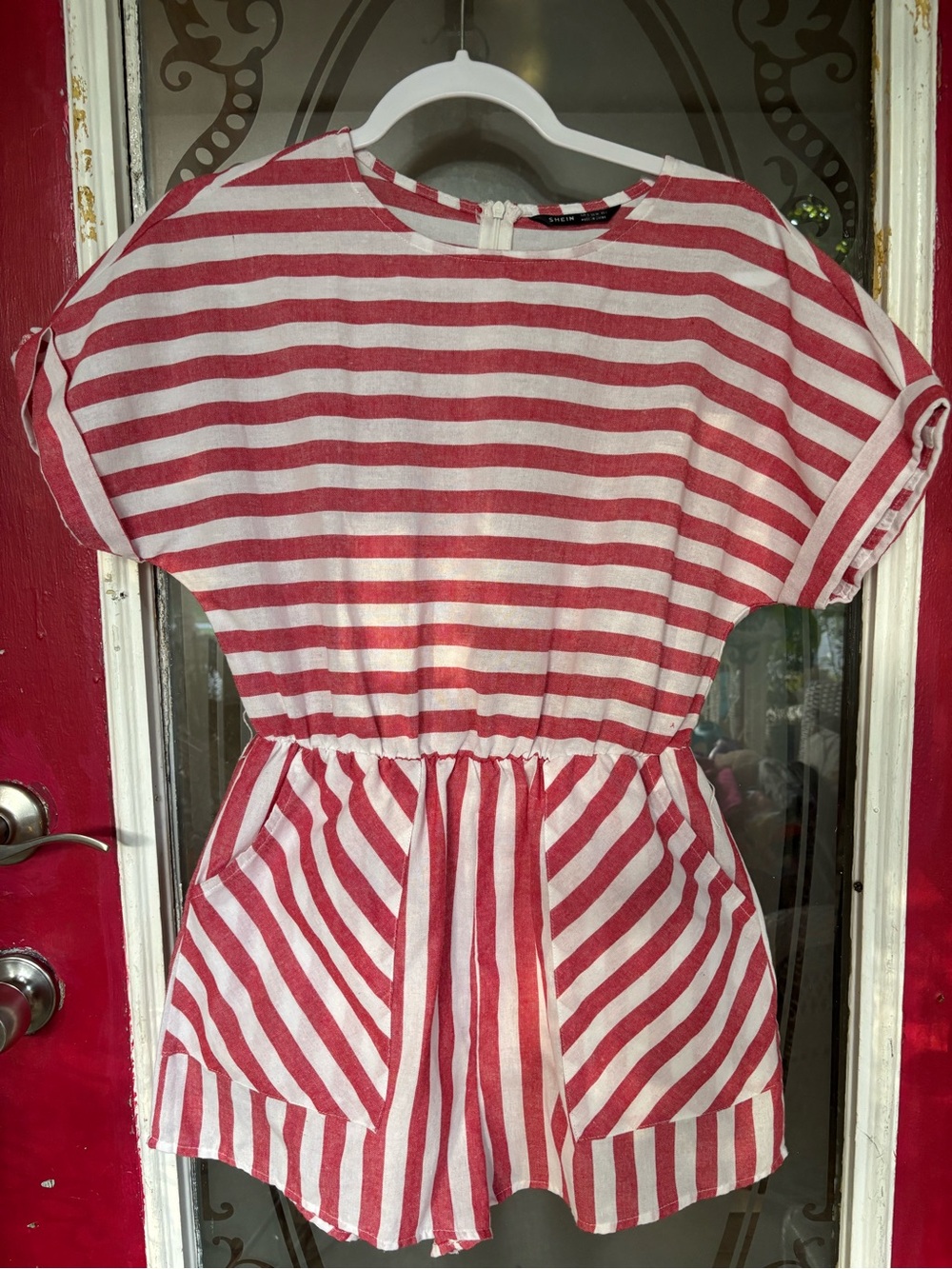 Girls Red and White Striped Waist-Elastic romper with Pockets